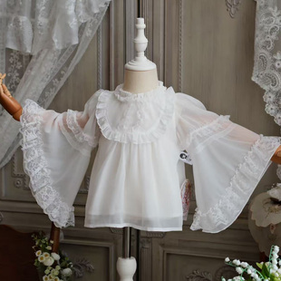 粗腿原创姬袖女童上衣新款百搭儿童长袖衬衫春秋纯色透气简约衬衣