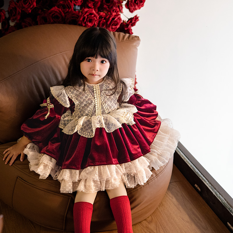 【秒杀】女童连衣裙裙子秋冬裙儿童酒红金丝绒周岁生日过年礼服