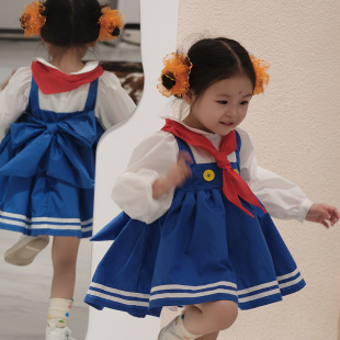 粗腿原创旧小孩蓬蓬裙2024新款 学院风复古连衣裙女童假两件套装