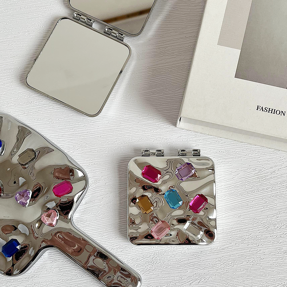 小镜子便携折叠迷你化妆镜学生宿舍翻盖式双面不锈钢钻石补妆镜子