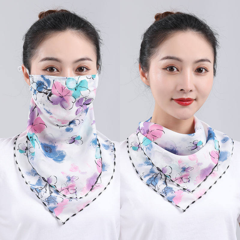 夏季防晒口罩女护颈面纱防紫外线围脖薄款雪纺透气挂耳丝巾秋冬季