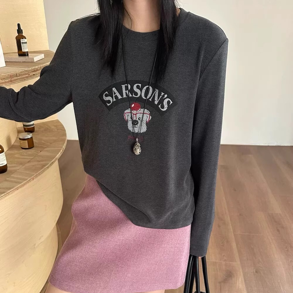 卡通小狗撞色圆领长袖T恤女