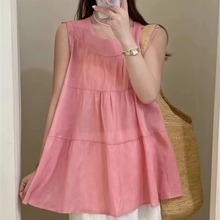 甜美减龄风玫粉色无袖娃娃衫女夏日装薄透松驰感圆领显白拼接上衣