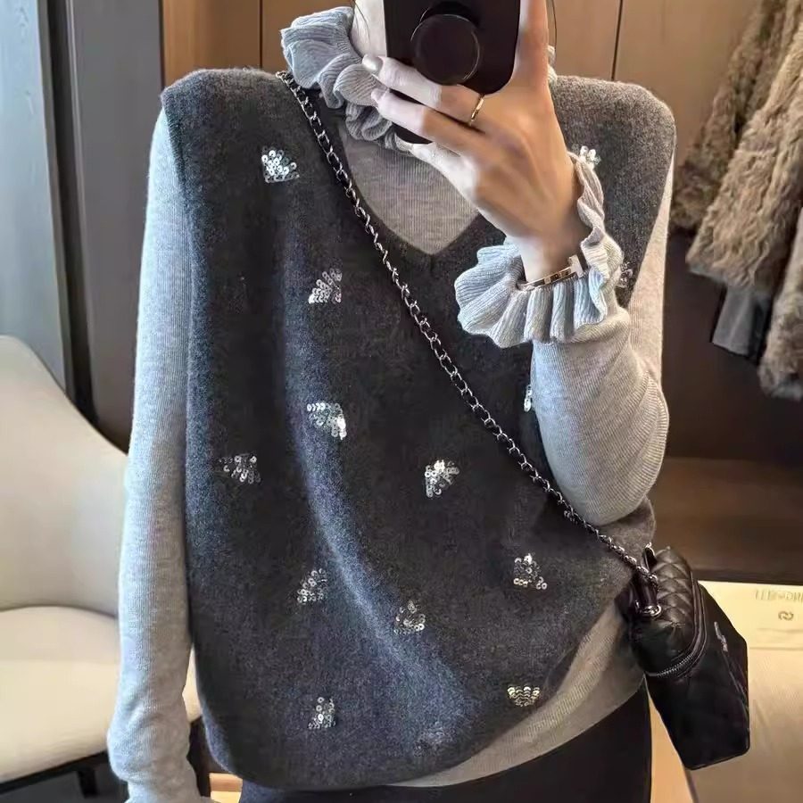 韩系甜美亮片羊毛无袖背心马甲V领坎肩+木耳边针织打底衫两件套女,女装/女士精品,毛针织衫,淘宝优惠券,粉丝福利购,淘宝优惠卷