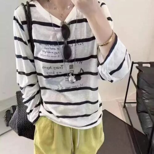 韩系条纹圆领长袖T恤女夏季防晒
