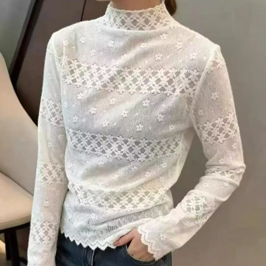 轻奢蕾丝提花半高领雪纺衫女款