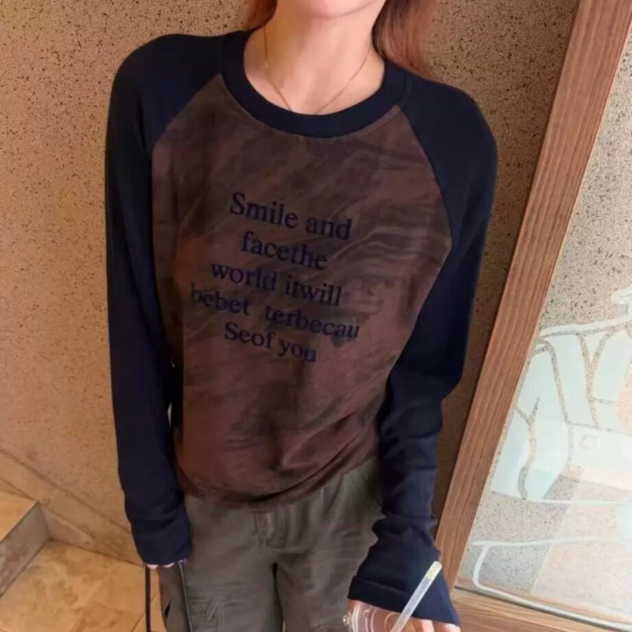 秋季韩版撞色插肩长袖T恤女