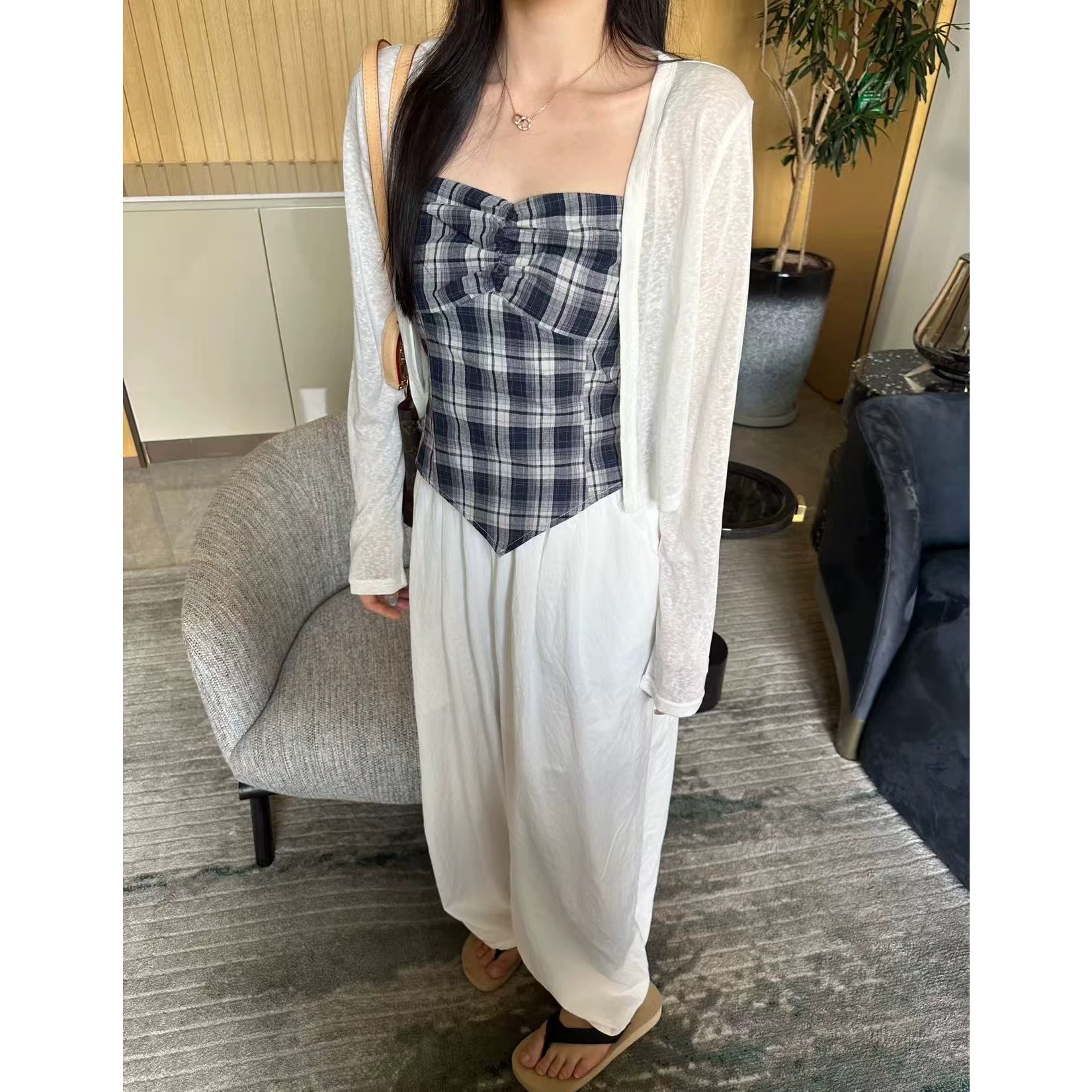 格子抹胸吊带背心长袖防晒开衫两件套女2025夏季新款韩系辣妹套装