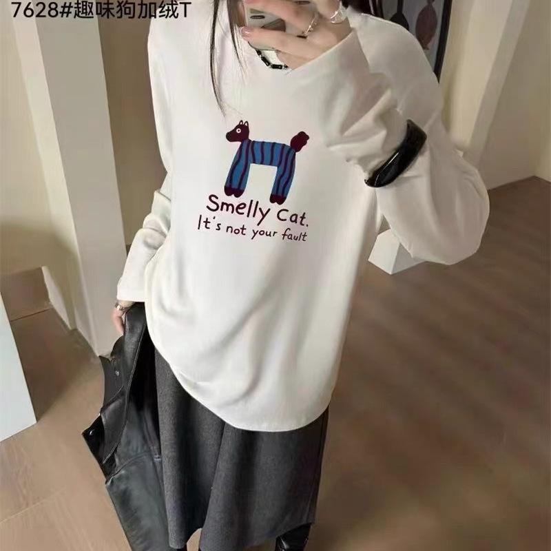 卡通图案圆领长袖加厚磨毛T恤女