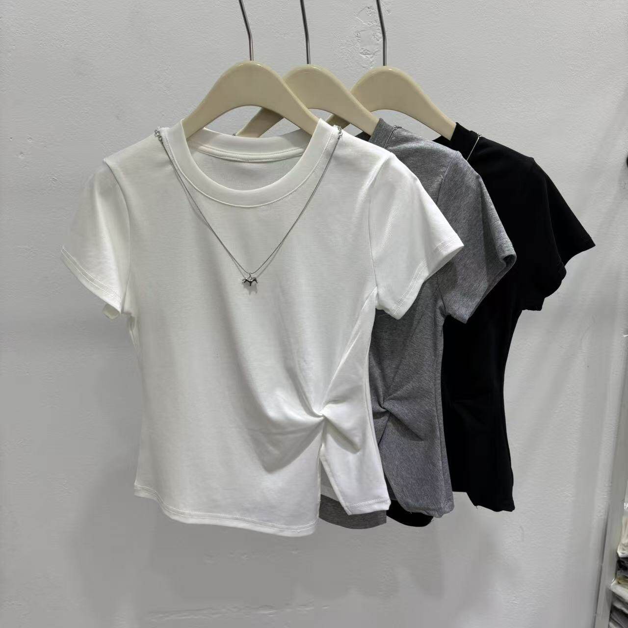 扭结设计链条短袖T恤女2026夏季新款小个子百搭修身显瘦休闲上衣