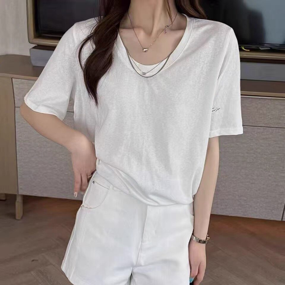 夏季锁骨U领链条雪花棉女T恤