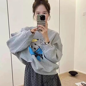 卡通小狗香蕉印花圆领套头长袖卫衣女2024早秋宽松休闲洋气上衣潮