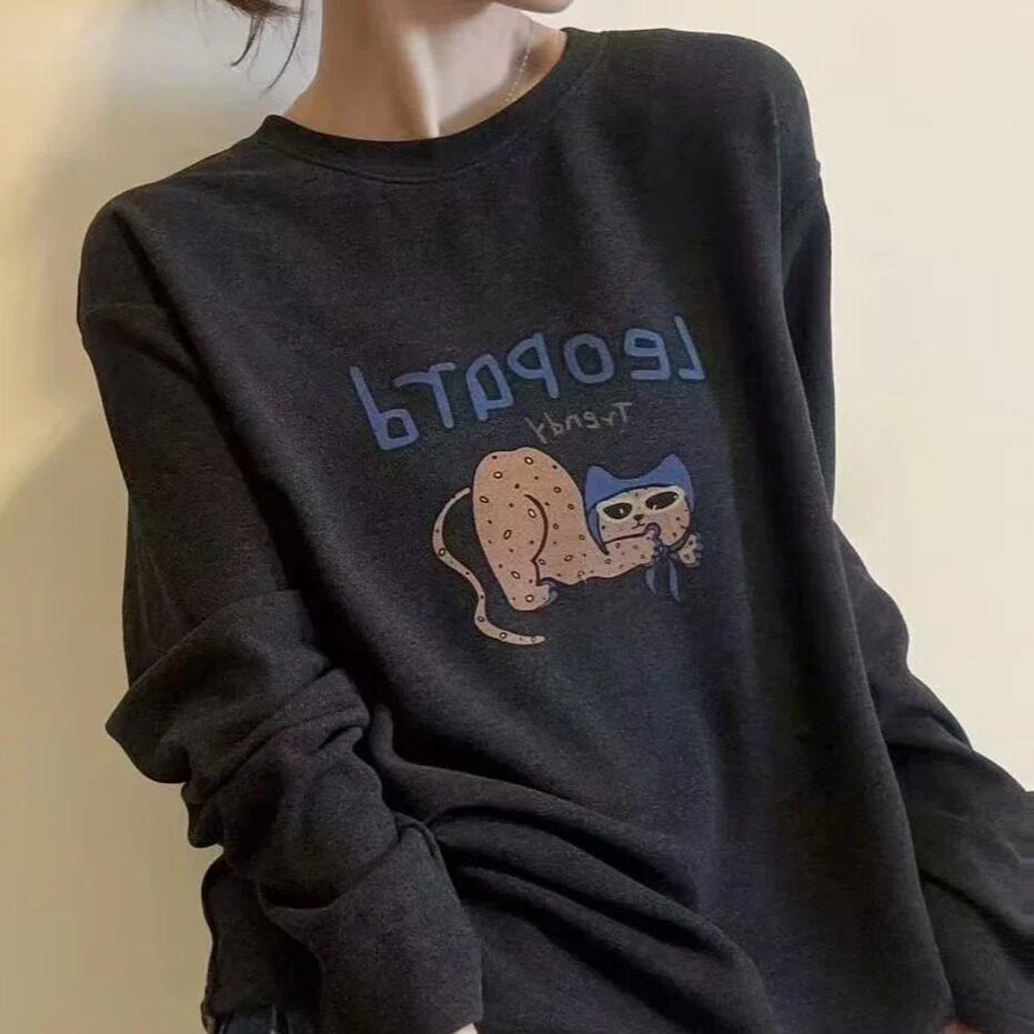 冬季慵懒风德绒小猫长袖T恤女