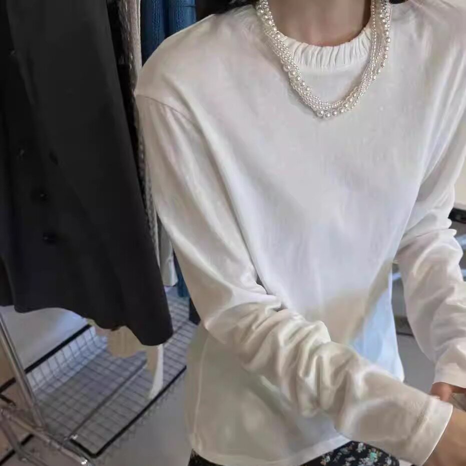 韩版设计感褶皱领口洋气百搭T恤女2026早春极简风花边宽松打底衫