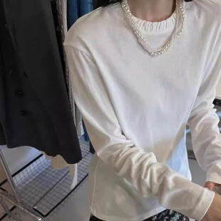 韩版设计感褶皱领口洋气百搭T恤女2026早春极简风花边宽松打底衫