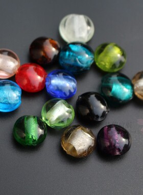 10个/包 15.5mm 扁圆形 琉璃珠 银箔珠 DIY手链项链配件多色可选