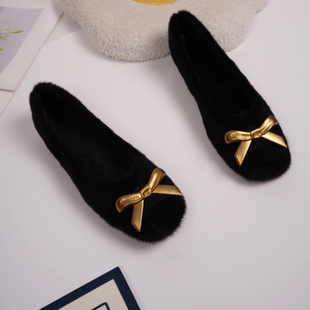 加绒毛毛鞋冬天外穿黑色百搭高级款软底防滑浅口瓢鞋方头秋冬单鞋