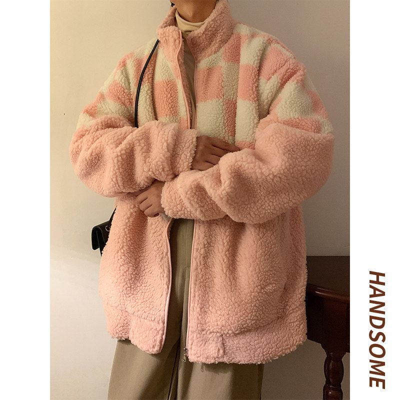 棋盘格羊羔毛加绒加厚外套男冬季潮牌立领棉衣A328P118控158,男装棉衣,电商A309