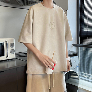主推~280克重磅麂皮绒短袖短裤套装男女同款 A353P80 控108图片