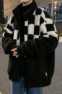 冬季棋盘格撞色羊羔毛棉服外套男潮牌保暖棉衣 A328P118 控158图片