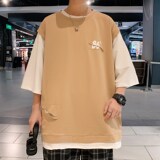 破洞短袖t恤男宽松潮牌假两件半袖体恤T332P40控58，男装T恤，电商A309