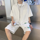 推荐~夏季华夫格短袖衬衫短裤套装男女宽松两件套3546P70，男装休闲套装，电商A309