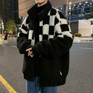 冬季棋盘格撞色羊羔毛棉服外套男潮牌保暖棉衣 A328P118 控158,男装棉衣,电商A309