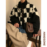 主推款~冬季棋盘格拼接棉衣男加厚羊羔毛外套A328P118控158，男装棉衣，电商A309