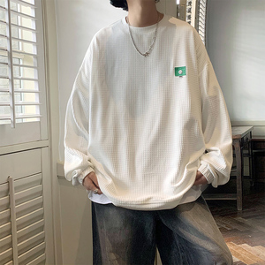 主推~秋季华夫格贴标长袖T恤情侣潮牌内搭打底衫卫衣A363P40图片