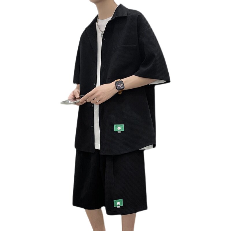 主推款~华夫格短袖衬衫短裤套装男夏季冰丝帅气两件套3546P70,男装休闲套装,电商A309