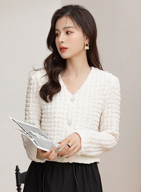 泡泡方格上衣2023年春季新款法式小香风白色外套女短款小个子