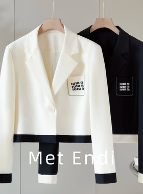 miu风廓形西装外套女2025年春款黑白撞色高级感超短款西服上衣