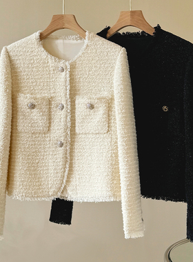 Met Endi迪羊毛小香风流苏短外套2024秋季新款圆领百搭名媛上衣女