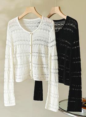 Met Endi白色镂空羊毛针织开衫女春秋薄款勾花设计感百搭披肩外套