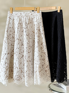 Met Endi白色蕾丝半身裙女2024夏季百搭重工刺绣镂空显瘦A字伞裙