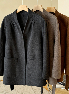 Met Endi系带收腰双面山羊绒大衣中长款冬季高级感灰色中长外套女