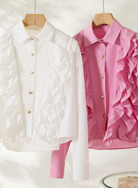 Met Endi韩式纯色翻领衬衣长袖宫廷风系扣衬衫初春上衣2024新款