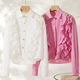 Met Endi韩式纯色翻领衬衣长袖宫廷风系扣衬衫初春上衣2024新款