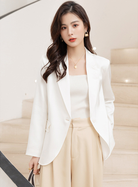 高端醋酸小西装外套女春秋职业气质高级感缎面白色西服小个子