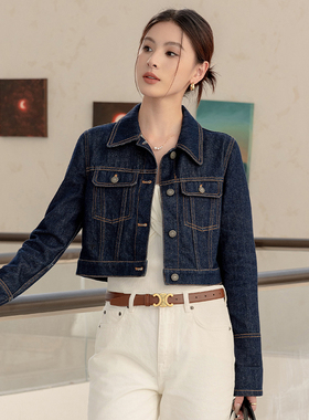 Met Enid D家全棉短款牛仔外套女复古港风小个子深蓝色气质上衣