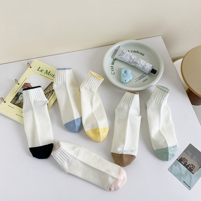 女士春夏休闲拼色短袜棉质浅口低帮短筒船袜薄棉运动吸汗白色袜子