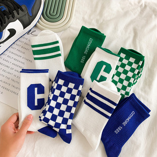 蓝色袜子女中筒袜春秋四季 棉ins潮格子条纹字母C绿色诸暨运动长袜