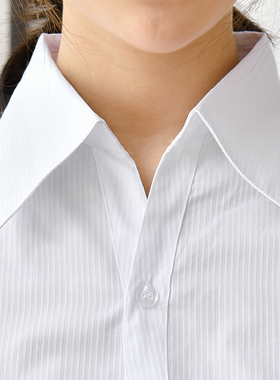 包邮白衬衫女修身收腰V领细竖条纹衬衣短袖职业OL长袖工作服蓝色