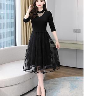 收腰显瘦气质女神范蕾丝网纱拼接裙子 韩版 长袖 黑色针织连衣裙新款