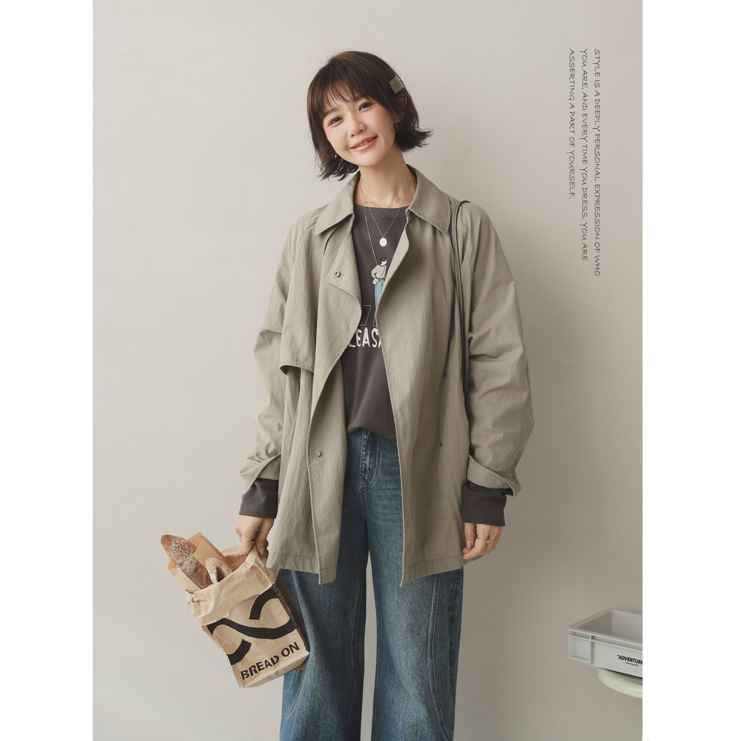 苹果的生活家|慵懒松弛范 翻领夹克薄款按扣外套中长秋风衣女