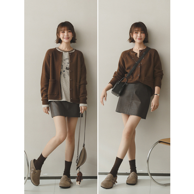 苹果的生活家|慵懒松弛 圆领开襟兔毛羊毛混纺秋开衫毛衣外套