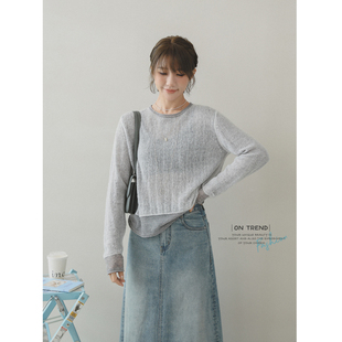 苹果的生活家|双料撞色针织衫 马海毛绵羊毛亚麻薄上衣女秋假两件