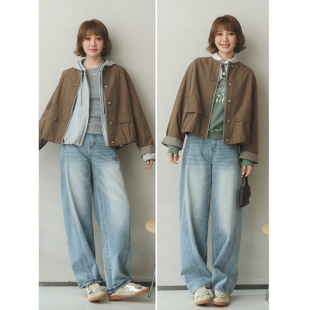 苹果的生活家|游牧格纹 拼接圆领棉夹克外套短风衣女