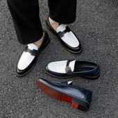 大码 红底男鞋 男一脚蹬懒人商务休闲皮鞋 英伦风黑白蓝白拼色乐福鞋