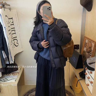 韩版泡芙无领羽绒服女中长款加厚保暖藏青色外套